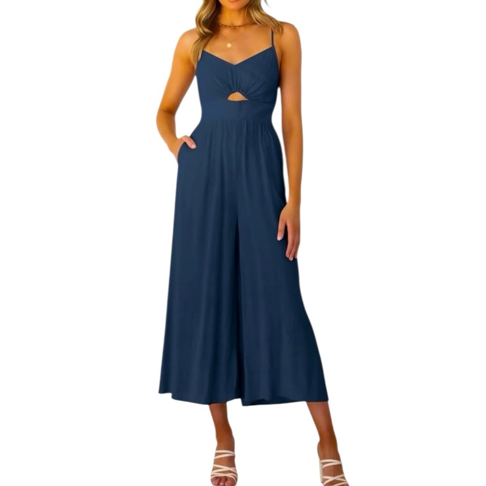 ANRABESS Navy V Neck Spaghetti Strap Cutout Linen Wide Leg Navy Jumpsuit L NWT